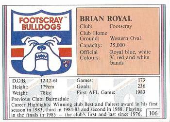 1992 AFL Regina #106 Brian Royal Back